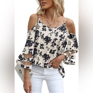 NWT Mesh Panel 3/4 Bell Sleeve Tees Adjustable Spaghetti Strap Loose Fit Shirt